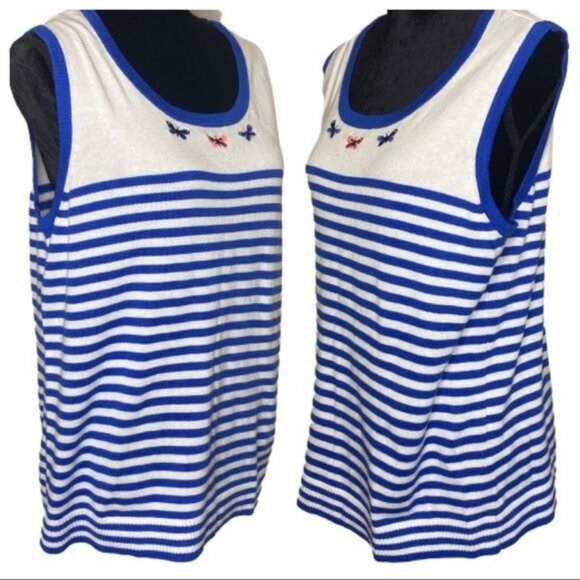 Cj Banks Womens Blue White Sleeveless Knit Tank Top Embroidered Butterfly 14W - Picture 2 of 7